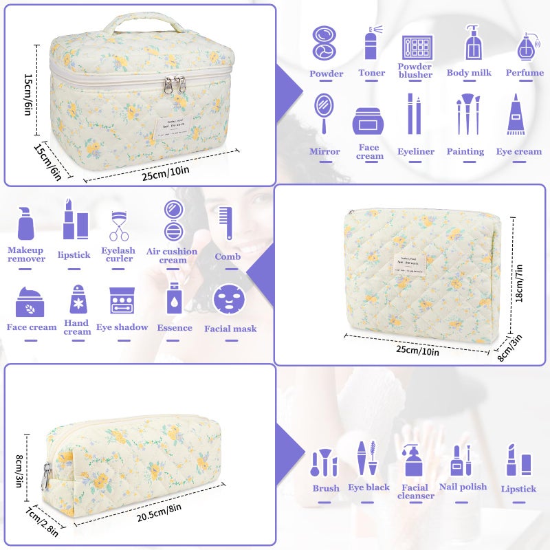 Gosect Makeup Bag Set  Quilted Makeup Bag  Large Floral Cosmetic Bag for Women  Cute Cotton Makeup Bag  Flower Travel Toiletry Organizer Bag (Yellow Daylily) - Image 2
